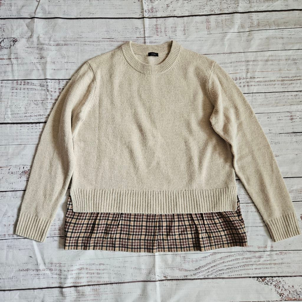 Joseph Wool Cashmere Silk Tan Sweater Plaid Underlay Womens Medium - Picture 4 of 6
